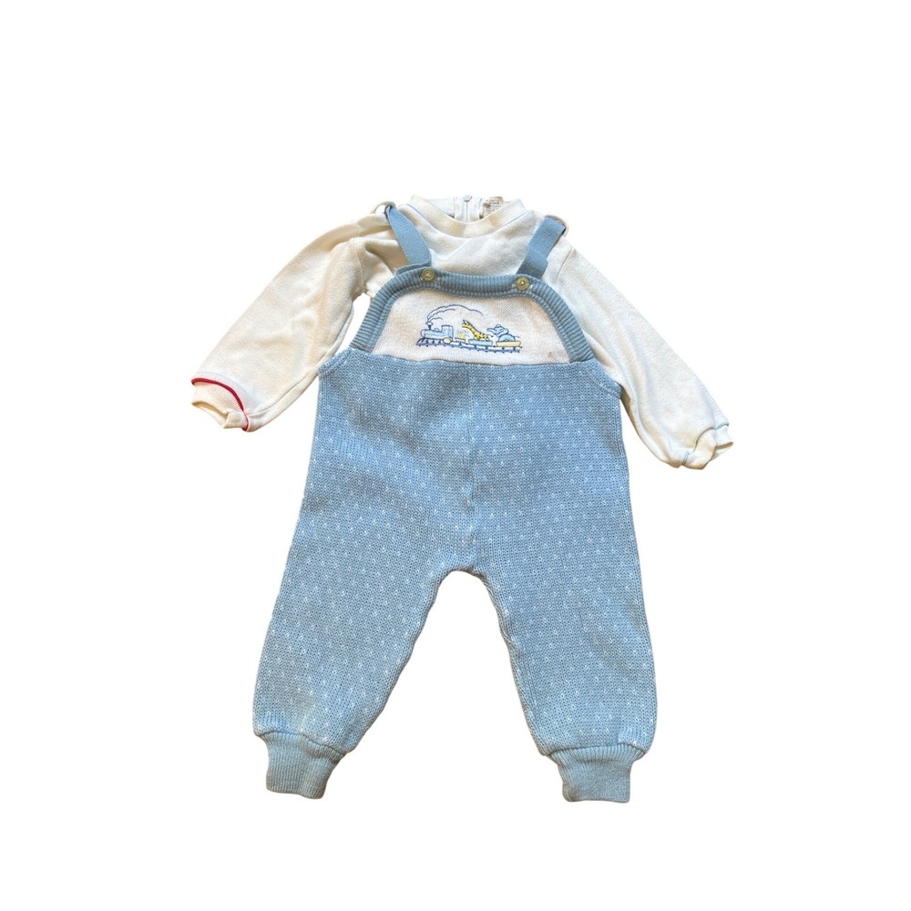 Vintage Knit Overalls & Shirt Set Kids Blue Train Embroidery SIZE 24 Months